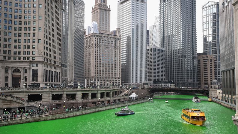 March in Chicago: Boats navigate the Chicago River shortly after it was dyed green in celebration of St. Patrick's Day. Don't fret, the dye is fish-friendly and typically fades by nightfall.